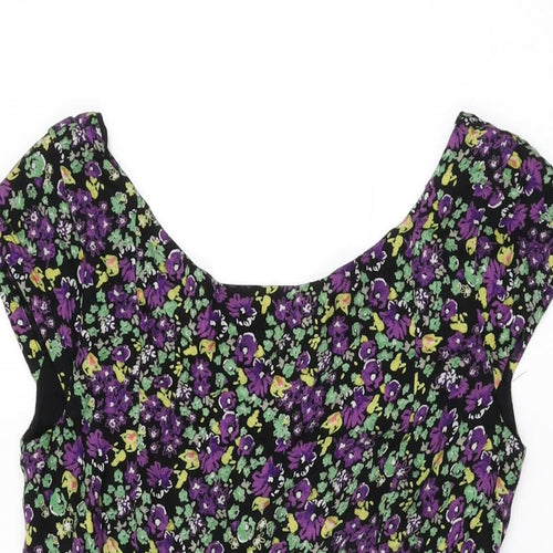 Mango Womens Black Floral Viscose Skater Dress Size M Round Neck Zip