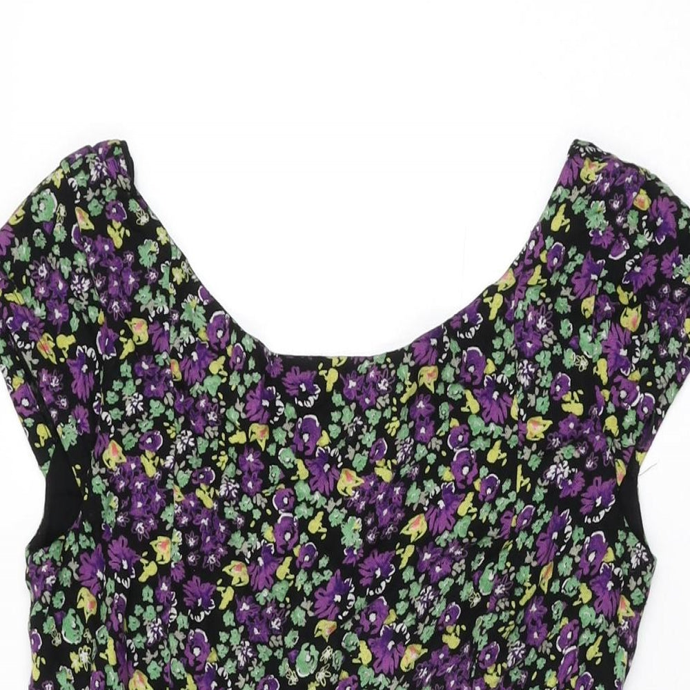 Mango Womens Black Floral Viscose Skater Dress Size M Round Neck Zip