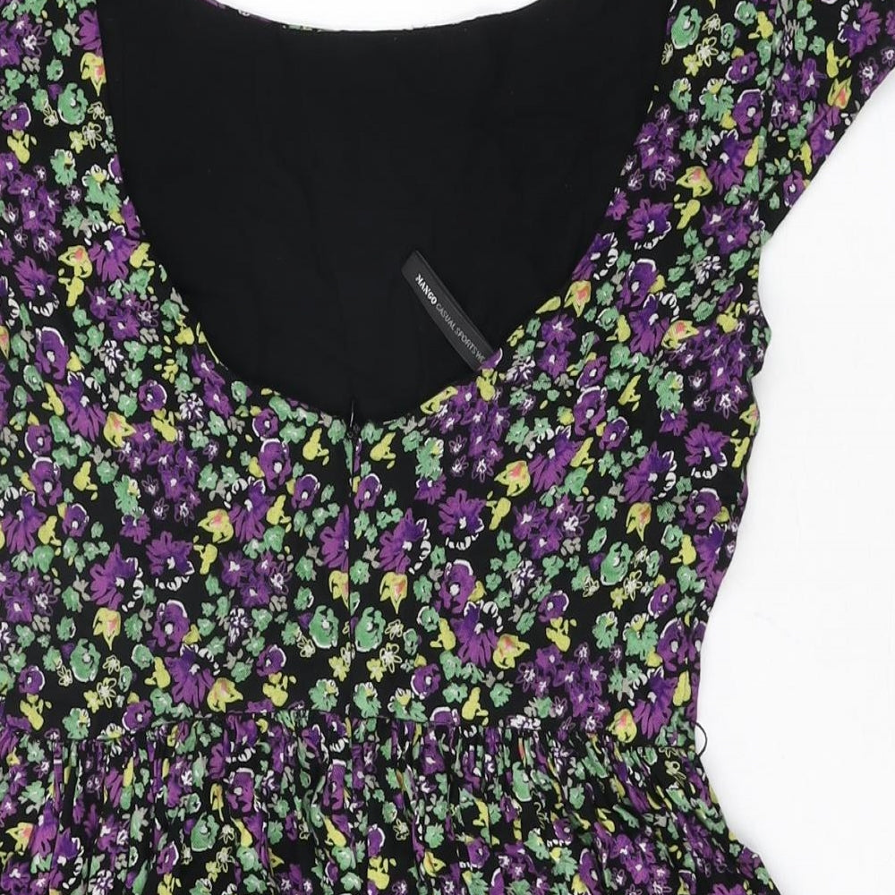Mango Womens Black Floral Viscose Skater Dress Size M Round Neck Zip