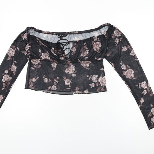 Motel Womens Black Floral Polyester Cropped T-Shirt Size M Off the Shoulder