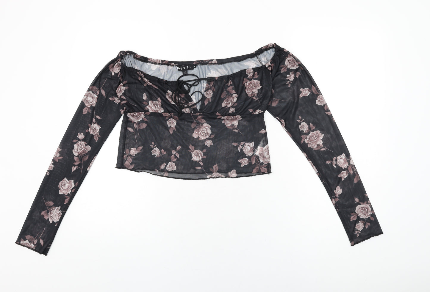 Motel Womens Black Floral Polyester Cropped T-Shirt Size M Off the Shoulder