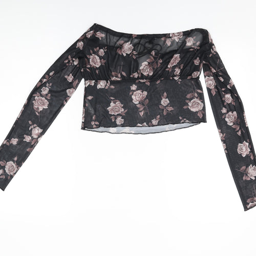 Motel Womens Black Floral Polyester Cropped T-Shirt Size M Off the Shoulder