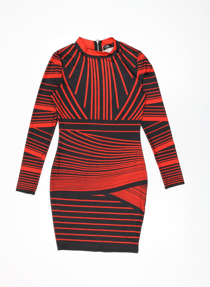 CBR Womens Black Geometric Polyester Bodycon Size S Round Neck Zip