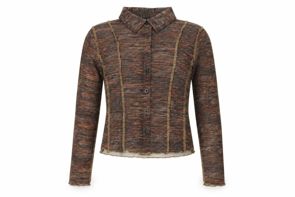 Front view of Motel Rocks women’s brown geometric polyester basic button-up, size S, collared