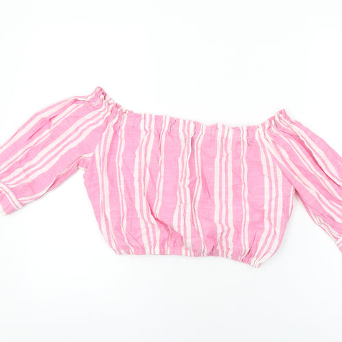 New Look Womens Pink Striped Cotton Cropped T-Shirt Size 12 Off the Shoulder