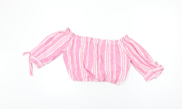 New Look Womens Pink Striped Cotton Cropped T-Shirt Size 12 Off the Shoulder