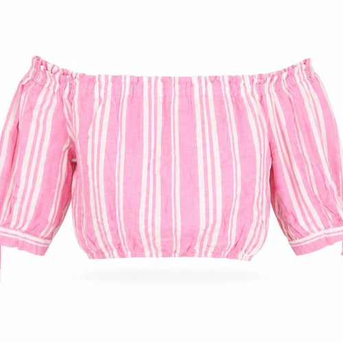 New Look Womens Pink Striped Cotton Cropped T-Shirt Size 12 Off the Shoulder