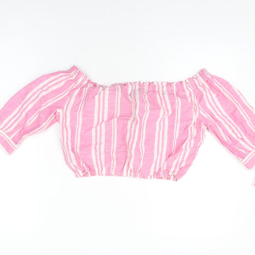 New Look Womens Pink Striped Cotton Cropped T-Shirt Size 12 Off the Shoulder