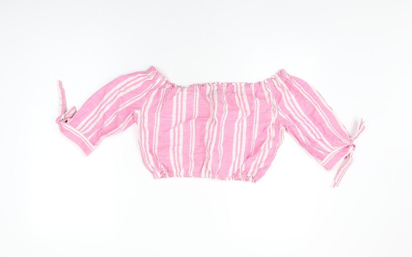 New Look Womens Pink Striped Cotton Cropped T-Shirt Size 12 Off the Shoulder
