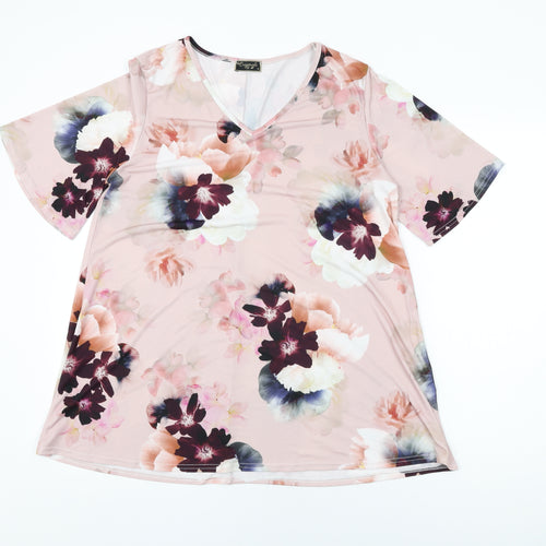 Originals Womens Pink Floral Polyester Basic T-Shirt Size M V-Neck
