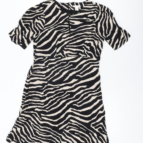 H&M Womens Black Geometric Viscose Shift Size 10 Round Neck Zip