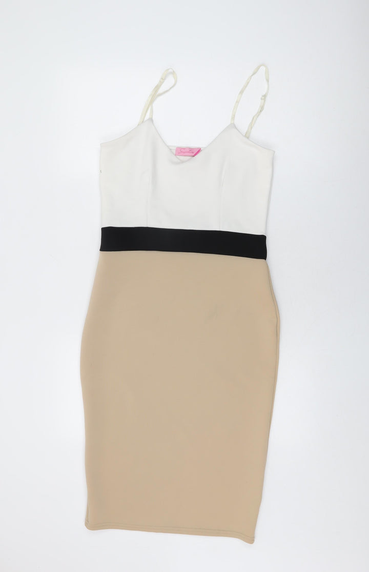 Signature Womens Beige Polyester Bodycon Size 14 V-Neck Pullover