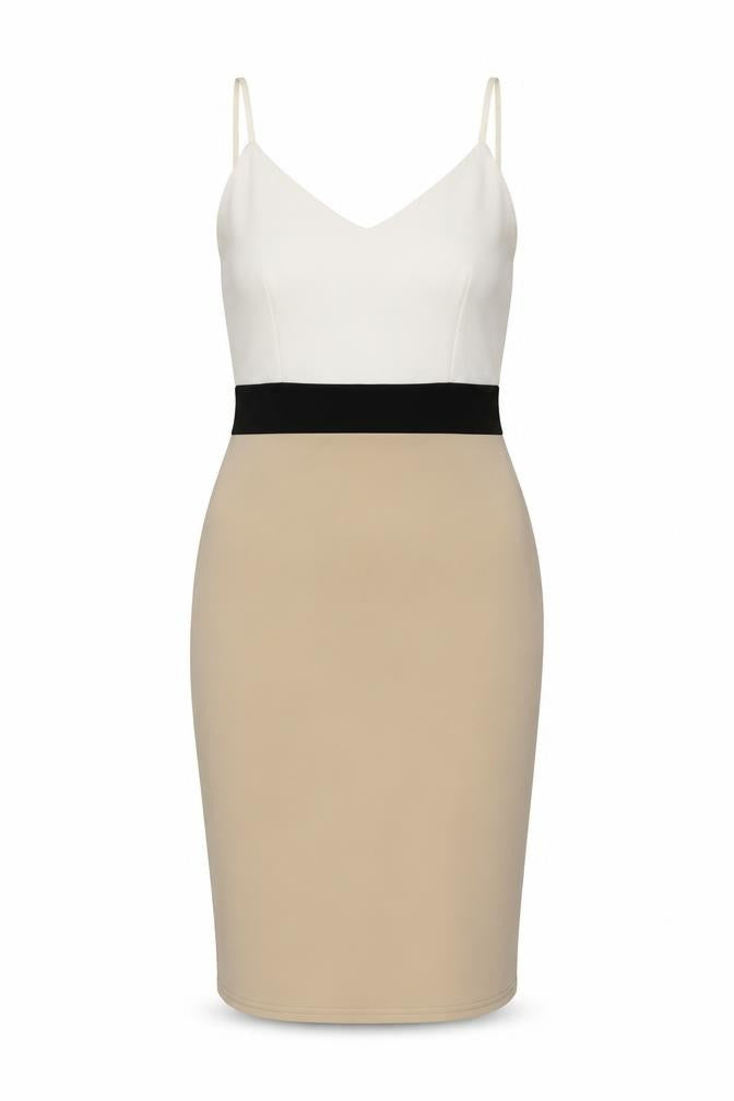 Front view of Signature women’s beige polyester bodycon, size UK 14, v-neck pullover