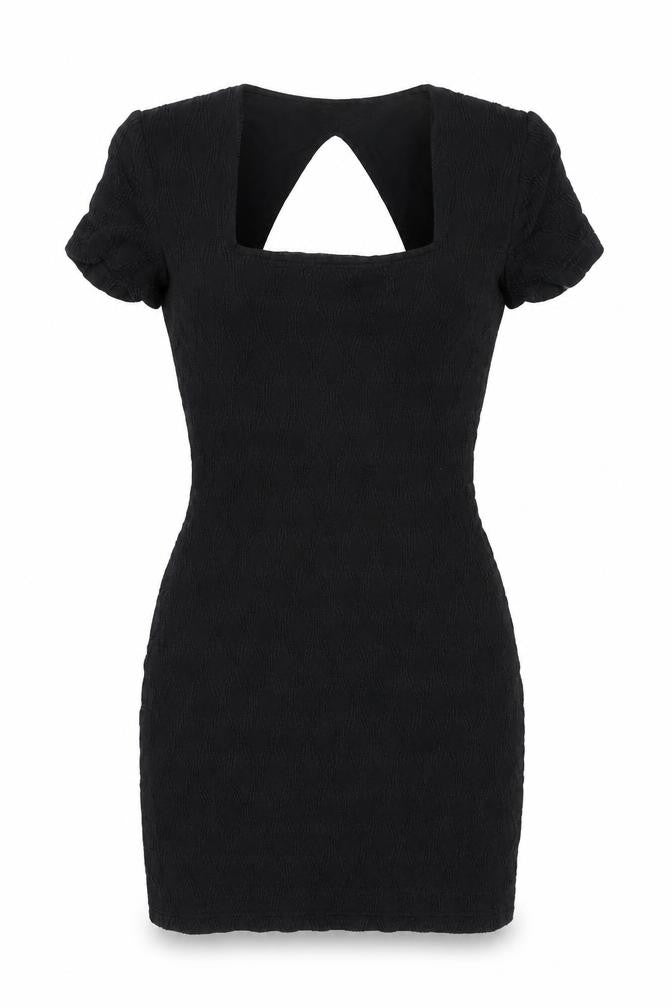 Front view of Joseph Ribkoff women’s black nylon bodycon, size UK 10, square neck pullover
