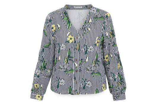 Front view of Mango women’s white striped viscose basic button-up, size M, v-neck