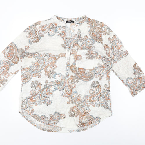 Wallis Womens White Paisley Viscose Basic T-Shirt Size M V-Neck