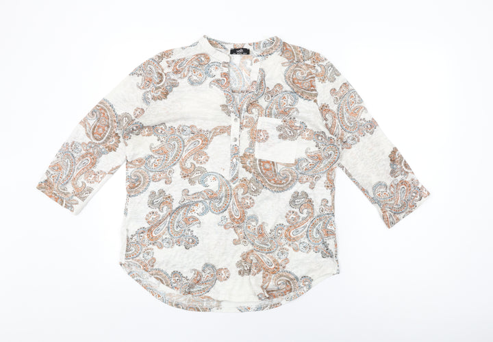 Wallis Womens White Paisley Viscose Basic T-Shirt Size M V-Neck