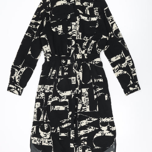 Topshop Womens Black Geometric Polyester Shirt Dress Size 10 Collared Button