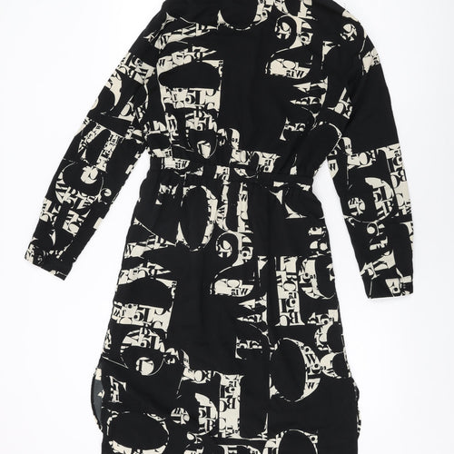 Topshop Womens Black Geometric Polyester Shirt Dress Size 10 Collared Button