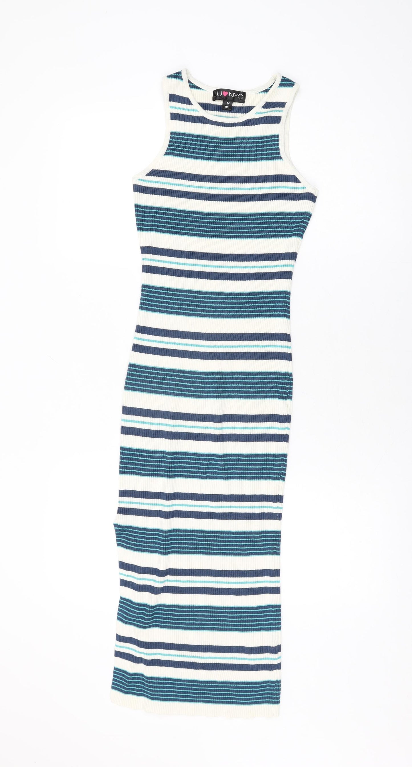 LU NYC Womens Ivory Striped Viscose Bodycon Size M Round Neck Pullover