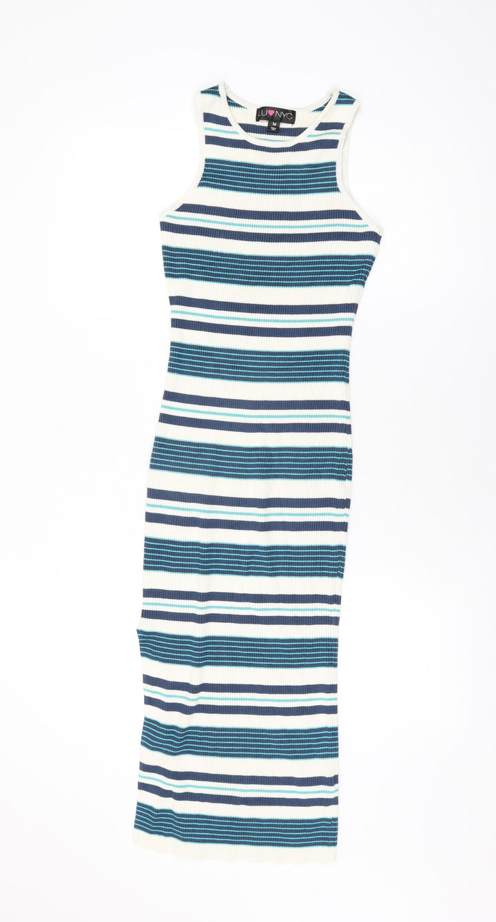LU NYC Womens Ivory Striped Viscose Bodycon Size M Round Neck Pullover