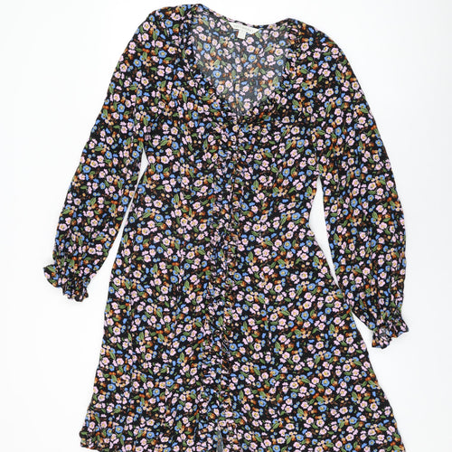 Marks and Spencer Womens Black Floral Viscose A-Line Size 8 V-Neck Button
