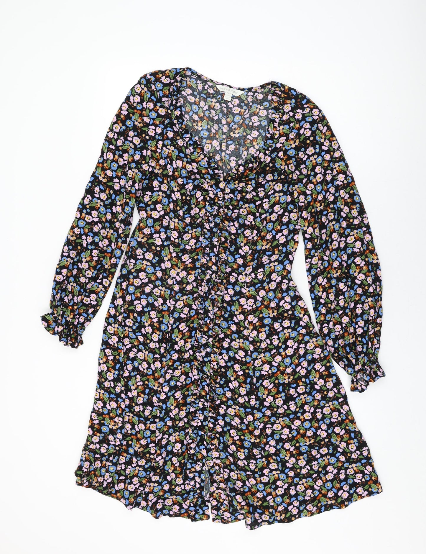 Marks and Spencer Womens Black Floral Viscose A-Line Size 8 V-Neck Button