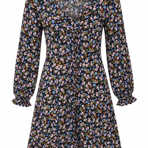Marks and Spencer Womens Black Floral Viscose A-Line Size 8 V-Neck Button