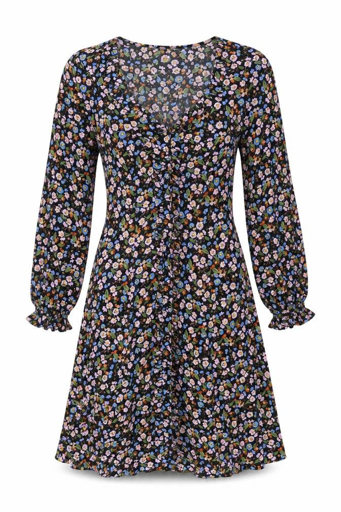 Marks and Spencer Womens Black Floral Viscose A-Line Size 8 V-Neck Button
