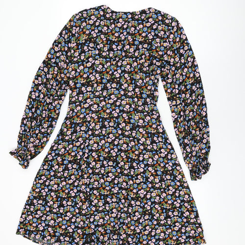 Marks and Spencer Womens Black Floral Viscose A-Line Size 8 V-Neck Button