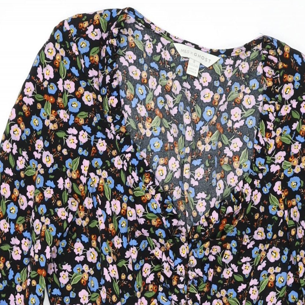 Marks and Spencer Womens Black Floral Viscose A-Line Size 8 V-Neck Button