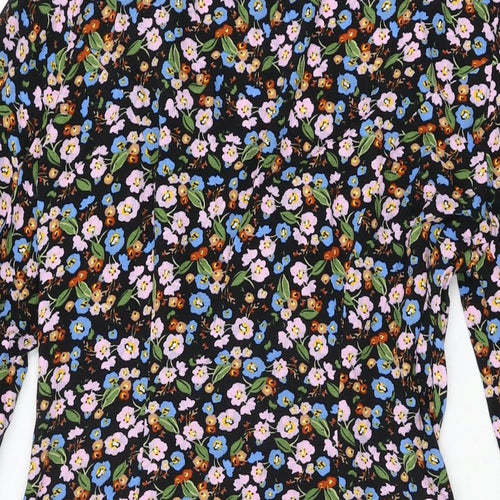 Marks and Spencer Womens Black Floral Viscose A-Line Size 8 V-Neck Button