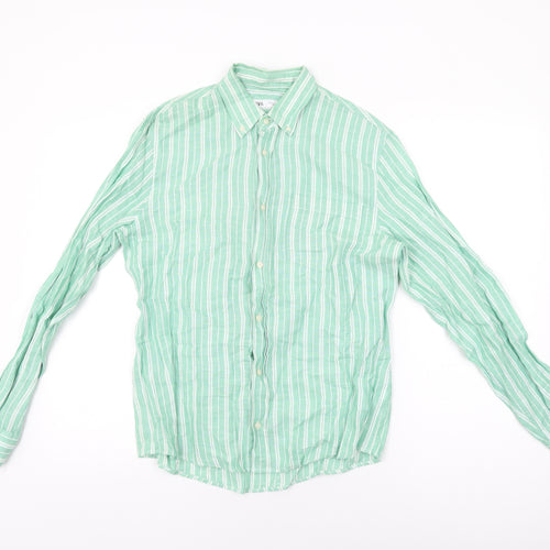 Zara Womens Green Striped Viscose Basic Button-Up Size S Collared