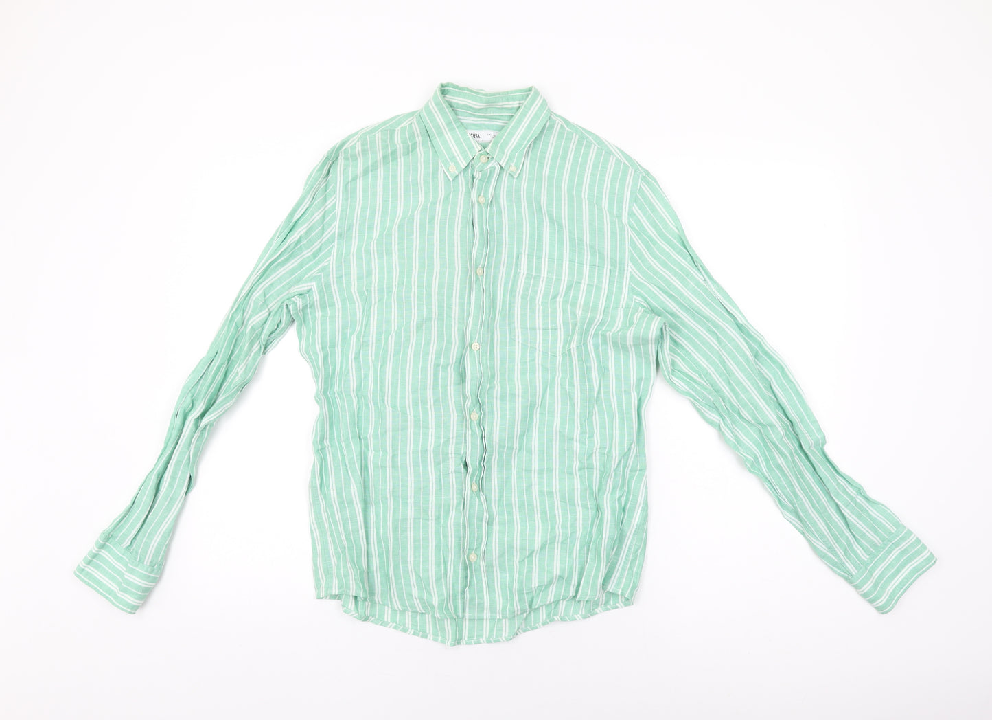 Zara Womens Green Striped Viscose Basic Button-Up Size S Collared