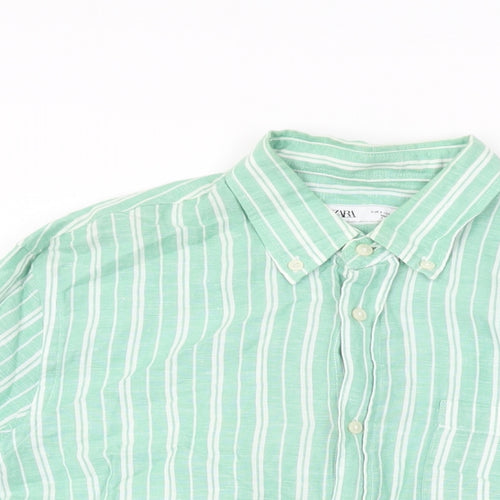 Zara Womens Green Striped Viscose Basic Button-Up Size S Collared