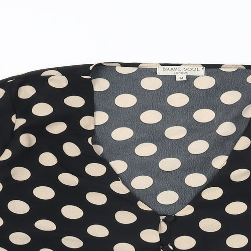 Brave Soul Womens Black Polka Dot Polyester Basic Button-Up Size M V-Neck