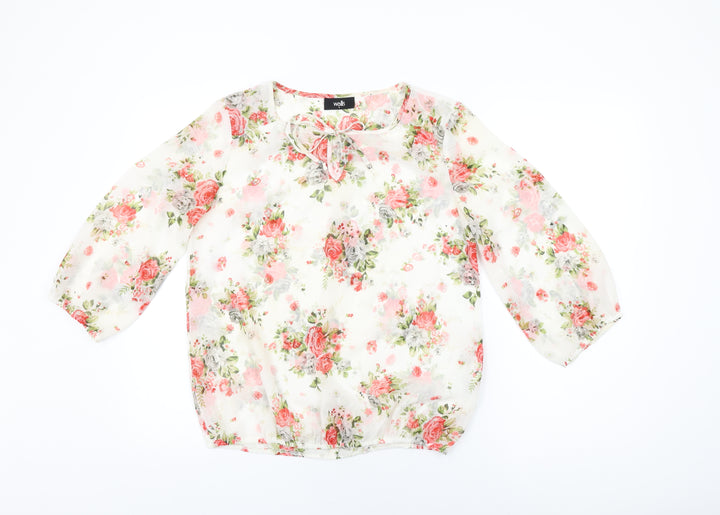 Wallis Womens White Floral Polyester Basic Blouse Size S Round Neck