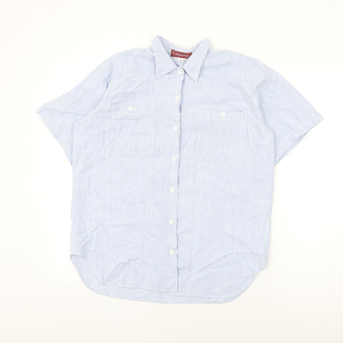 Colourways Womens Blue Striped Cotton Basic Button-Up Size 12 Collared