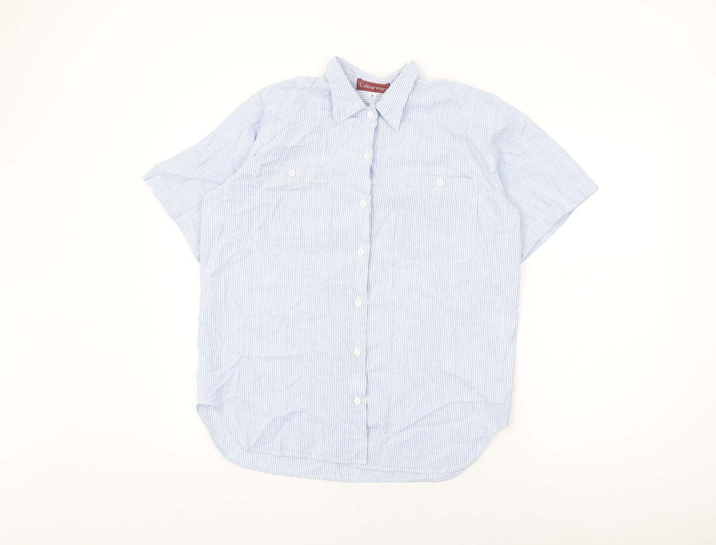 Colourways Womens Blue Striped Cotton Basic Button-Up Size 12 Collared