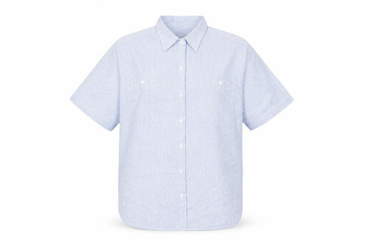 Front view of Colourways women’s blue striped cotton basic button-up, size UK 12, collared
