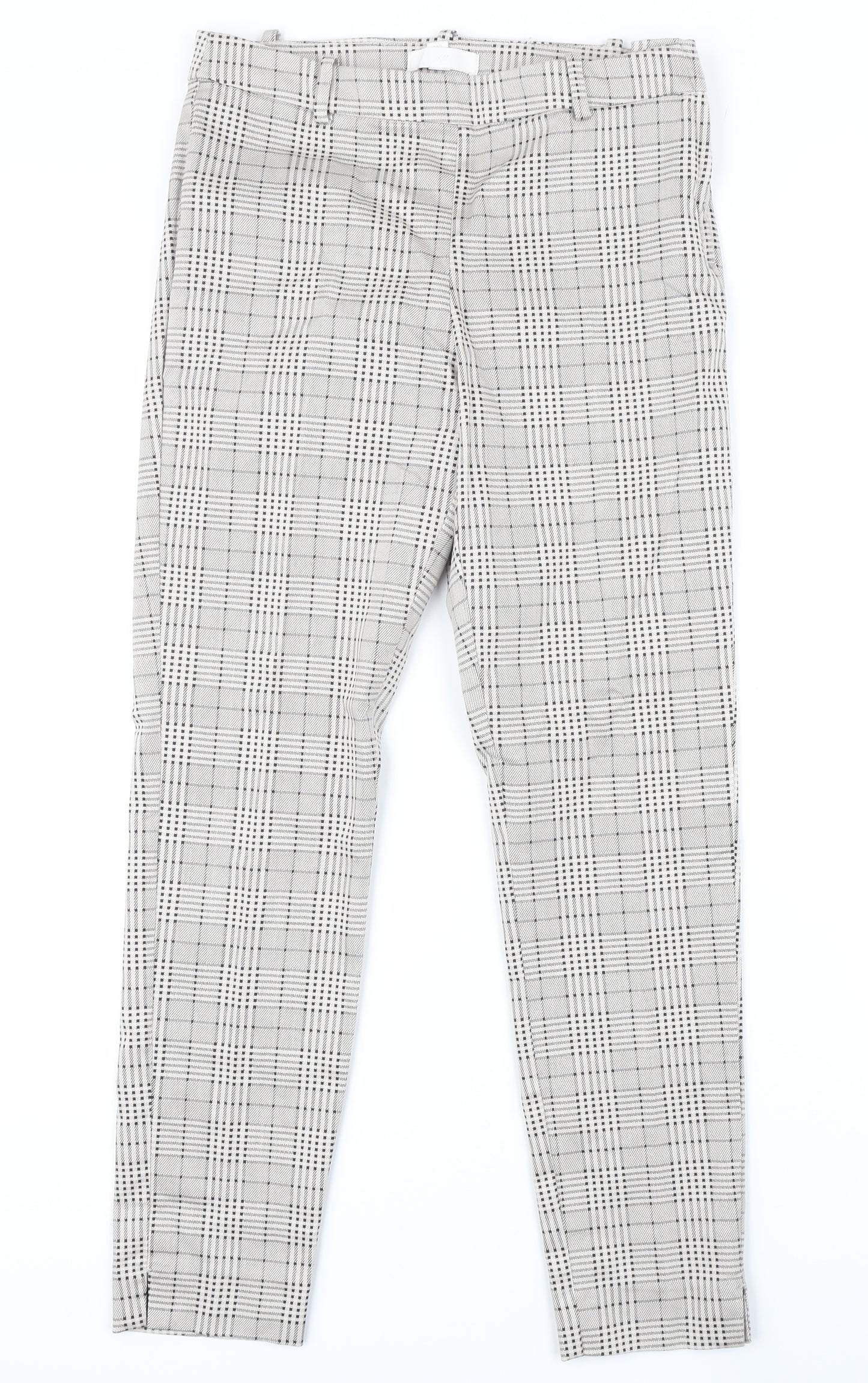 H&M Womens Beige Check Cotton Trousers Size 10 L27 in Regular Zip