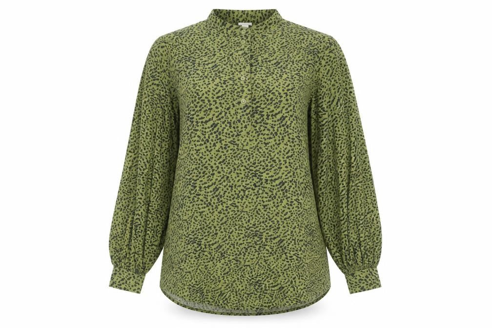 Front view of H&M women’s green viscose basic button-up, size UK 4, crew neck