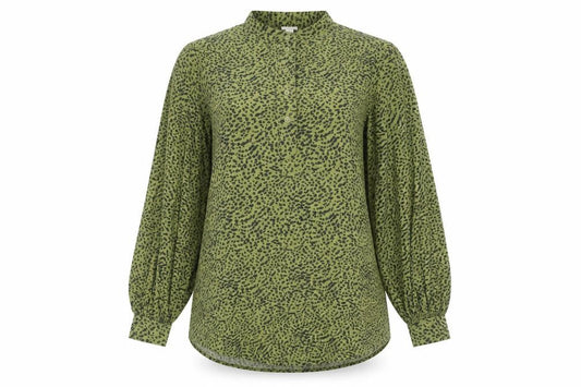 Front view of H&M women’s green viscose basic button-up, size UK 4, crew neck