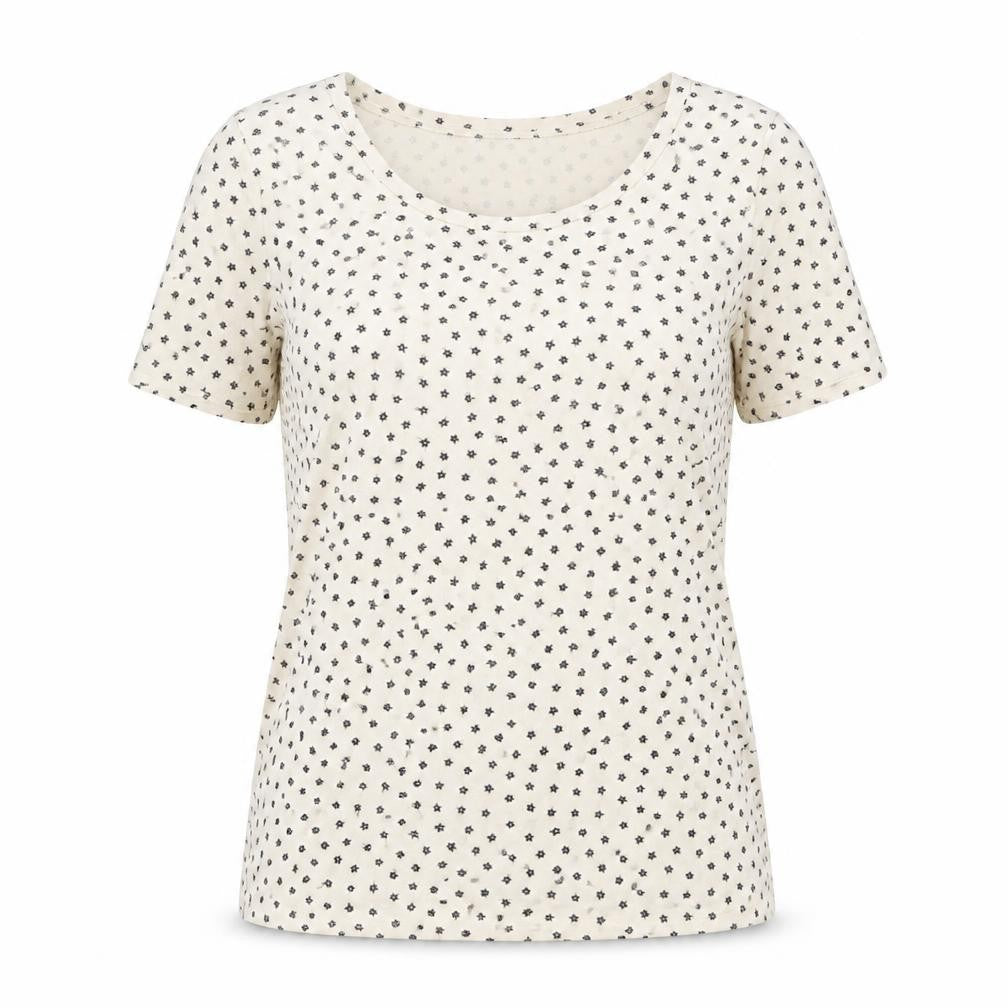 Front view of H&M women’s ivory floral cotton basic button-up, size M, round neck