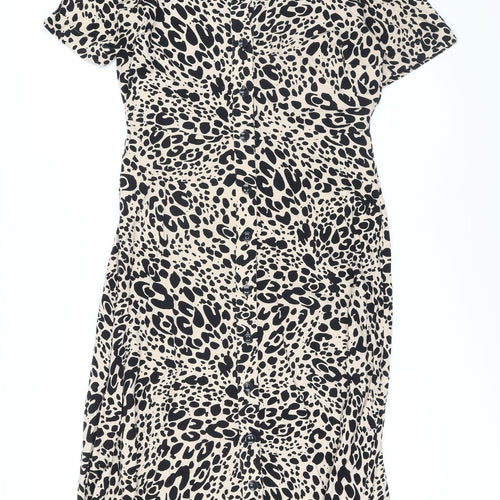 Marks and Spencer Womens Beige Animal Print Viscose A-Line Size 12 Collared Button