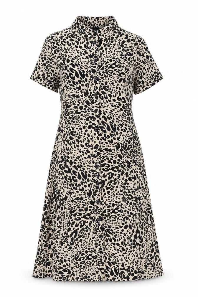 Front view of Marks & Spencer women’s beige animal print viscose a-line, size UK 12, collared button