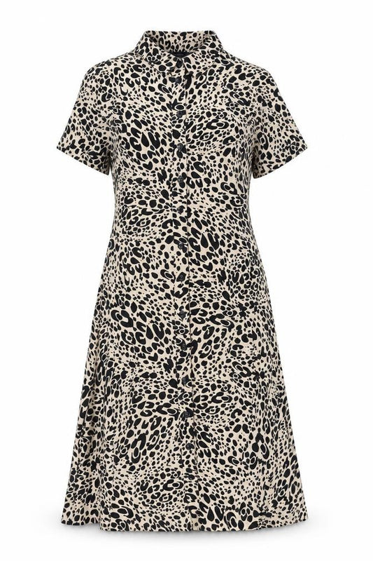 Front view of Marks & Spencer women’s beige animal print viscose a-line, size UK 12, collared button