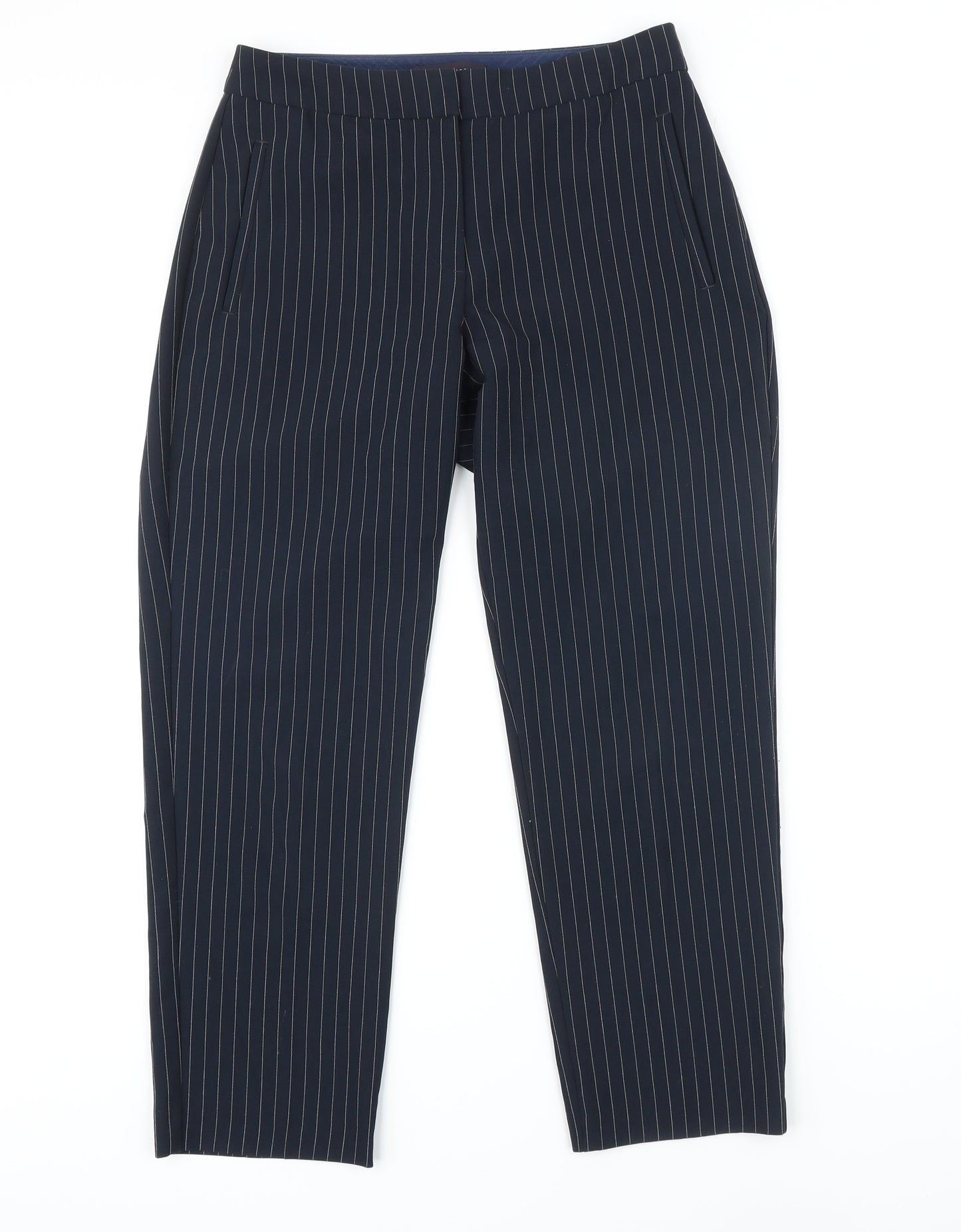 Marks and Spencer Womens Blue Striped Polyester Trousers Size 8 L26 in Regular Zip