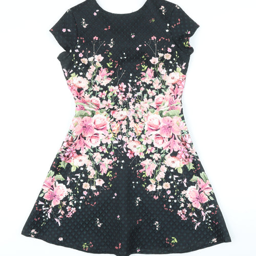 Lipsy Womens Black Floral Polyester A-Line Size 8 Round Neck Zip