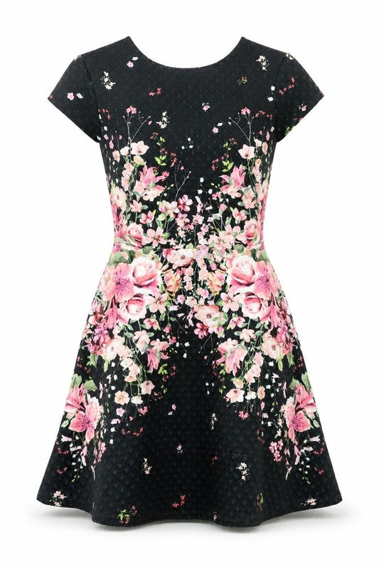 Front view of Lipsy women’s black floral polyester a-line, size UK 8, round neck zip